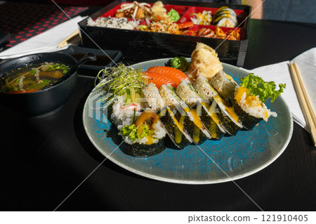 Sushi Plate, Fish Maki Rolls, Japan Seafood, Sushi Set, Asian Dinner, Tradition Nigiri Susi Sushi Plate, Fish Maki Rolls, Japan Seafood, Sushi Set, Asian Dinner, Tradition Nigiri Susi 121910405