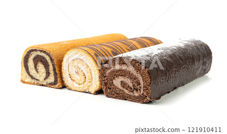 Swiss Rolls Set, Round Sponge Cakes Isolated, Rolled Vanilla Biscuit Set with Cocoa Cream, Poppy Seeds Swiss Rolls Set, Round Sponge Cakes Isolated, Rolled Vanilla Biscuit Set with Cocoa Cream, Poppy Seeds 121910411