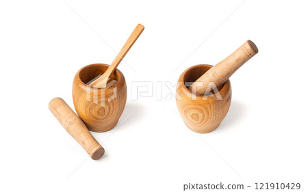 Wooden Mortar Isolated, Wood Pounder and Pestle, Empty Mortar Bowl, Vintage Kitchen Equipment 121910429
