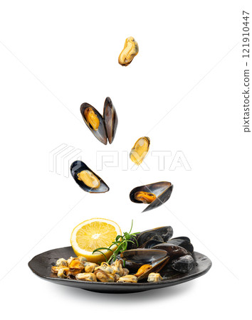 Mussels Pile on Black Plate Isolated, Open Shellfish, Seafood, Mussels Meat, Cooked Clams on White 121910447