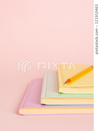 Copybook Mockup, Pink Notebook on Office Desk with Copy Space for Text, Moleskin Template 121910463