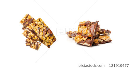 Nut Bar Isolated, Energy Snack with Nuts, Chocolate Muesli Dessert, Protein Candy Bar, Fitness Breakfast Nut Bar Isolated, Energy Snack with Nuts, Chocolate Muesli Dessert, Protein Candy Bar, Fitness Breakfast 121910477