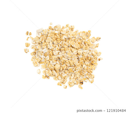 Dry raw oat flakes isolated, rolled flat grains, instant porridge, thin cereals, flattened grains group 121910484
