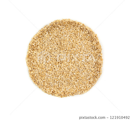 Dry raw oat flakes isolated, rolled flat grains, instant porridge, thin cereals, flattened grains group 121910492