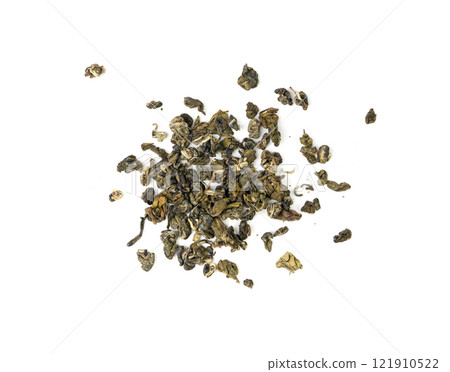 Yunnan Bi Luo Chun green tea leaves balls isolated, dry fresh herbal tea pile, healthy drink ingredient 121910522