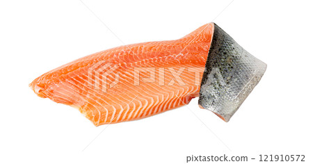 Fresh Salmon Fillet Isolated, Raw Norwegian Red Fish, Trout Meat Piece, Big Fresh Atlantic Salmon Fillet 121910572
