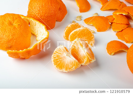 Mandarin Peel, Peeled Tangerine, Fresh Citrus Rind, Mandarins Skin, Tangerines Shell Isolated Mandarin Peel, Peeled Tangerine, Fresh Citrus Rind, Mandarins Skin, Tangerines Shell Isolated 121910579