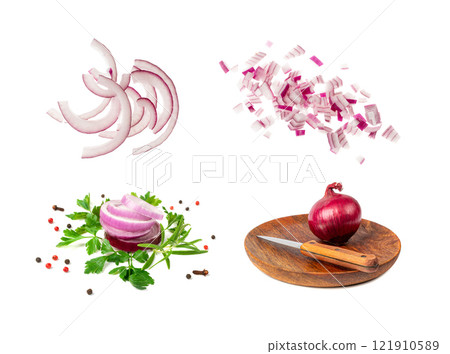 Red Onion Cuts Isolated, Chopped Purple Onion Pile, Raw Purple Onion Pieces, Fresh Purple Bulb Cuts 121910589