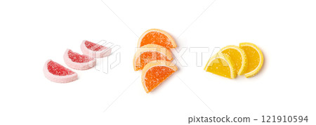Fruit Marmalade Sweets Isolated, Lemon Slices Jelly, Sugar Citrus Marmalades, Orange, Lime Slices Set Fruit Marmalade Sweets Isolated, Lemon Slices Jelly, Sugar Citrus Marmalades, Orange, Lime Slices Set 121910594