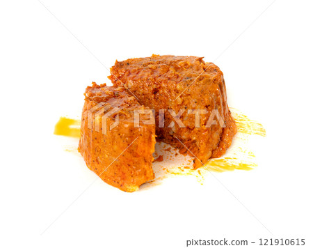 Paprika stew, Szczecin paprikash, traditional Polish fish spread with rice, tomato paste, vegetables on white 121910615