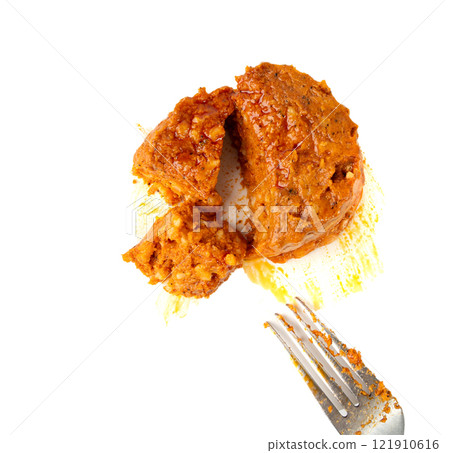 Paprika stew, Szczecin paprikash, traditional Polish fish spread with rice, tomato paste, vegetables on white 121910616