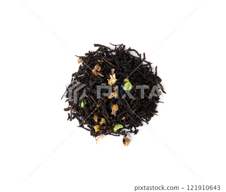 Flavored Black Tea Leaves Isolated, High Quality Black Tea Pile with Fruits and Flowers, Organic Indian Drink 121910643