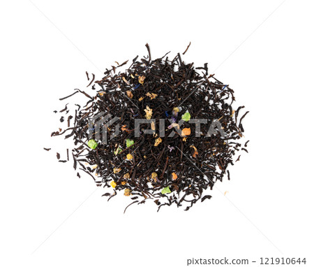 Flavored Black Tea Leaves Isolated, High Quality Black Tea Pile with Fruits and Flowers, Organic Indian Drink Flavored Black Tea Leaves Isolated, High Quality Black Tea Pile with Fruits and Flowers, Organic Indian Drink 121910644
