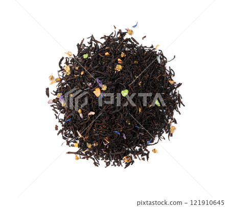 Flavored Black Tea Leaves Isolated, High Quality Black Tea Pile with Fruits and Flowers, Organic Indian Drink Flavored Black Tea Leaves Isolated, High Quality Black Tea Pile with Fruits and Flowers, Organic Indian Drink 121910645