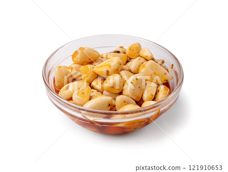 Pickled Garlic, Fermented Garlic Cloves with Red Chili Pepper, Hot Pickle Vegetable, Spices Garlic Cloves 121910653