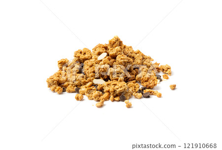Granola Pile Isolated, Cereal Breakfast with Almonds and Chocolate Chips, Seeds and Oat Flakes 121910668