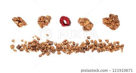 Chocolate Brownie Granola Pile Isolated, Cocoa Muesli, Crunchy Cereals, Oatmeal with Dried Cherries Chocolate Brownie Granola Pile Isolated, Cocoa Muesli, Crunchy Cereals, Oatmeal with Dried Cherries 121910671