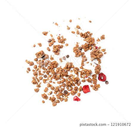 Chocolate Brownie Granola Pile Isolated, Cocoa Muesli, Crunchy Cereals, Oatmeal with Dried Cherries 121910672