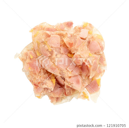 Meat jelly slices, ham aspic isolated, sausage, aspic jelly, winter meat galart, brawn on white 121910705
