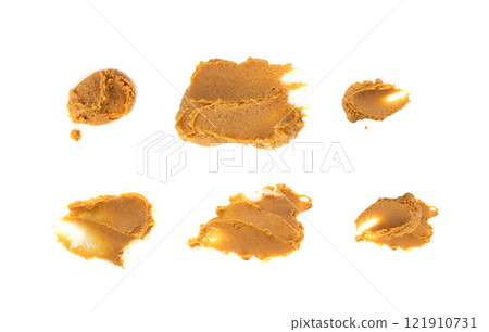 Miso paste isolated. Japanese shiro miso seasoning sauce, fermented soybean spread, brown soy cream 121910731