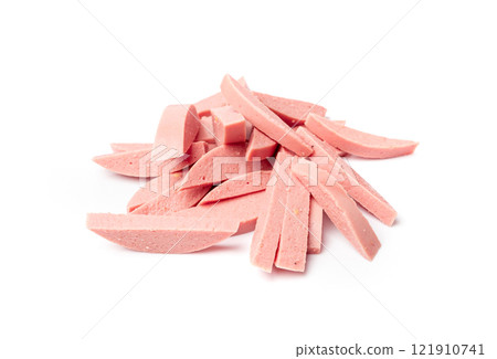 Mortadella Slice Isolated, Luncheon Meat Cut, Chicken Ham, Boiled Sausage for Breakfast 121910741