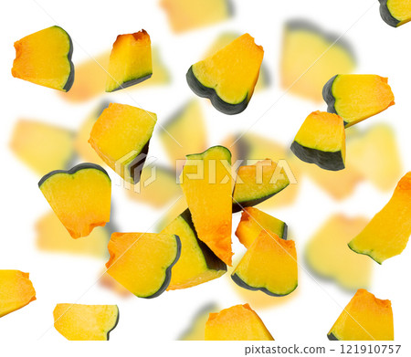 Falling Pumpkin piece isolated, sweet kabocha squash cut, flying sliced acorn pumpkin on white Falling Pumpkin piece isolated, sweet kabocha squash cut, flying sliced acorn pumpkin on white 121910757