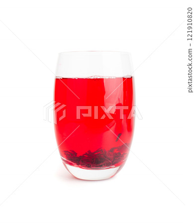 Hibiscus Tea, Dry Rose Drink, Cold Fruit Red Tea in Transparent Mug, Roselle Hibiscus Tea Hibiscus Tea, Dry Rose Drink, Cold Fruit Red Tea in Transparent Mug, Roselle Hibiscus Tea 121910820