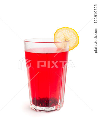 Hibiscus Tea, Dry Rose Drink, Cold Fruit Red Tea in Transparent Mug, Roselle Hibiscus Tea 121910823