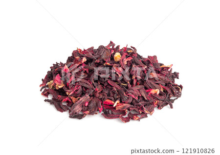Dry Hibiscus Tea Isolated, Dry Rose Petals, Fruit Red Tea, Karkade Leaves, Dried Herbal Drink, Roselle Petal Dry Hibiscus Tea Isolated, Dry Rose Petals, Fruit Red Tea, Karkade Leaves, Dried Herbal Drink, Roselle Petal 121910826