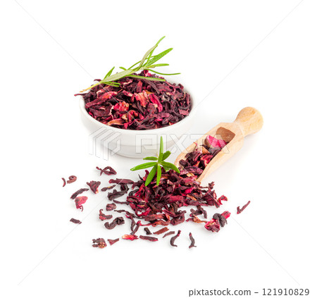 Dry Hibiscus Tea Isolated, Dry Rose Petals, Fruit Red Tea, Karkade Leaves, Dried Herbal Drink, Roselle Petal Dry Hibiscus Tea Isolated, Dry Rose Petals, Fruit Red Tea, Karkade Leaves, Dried Herbal Drink, Roselle Petal 121910829