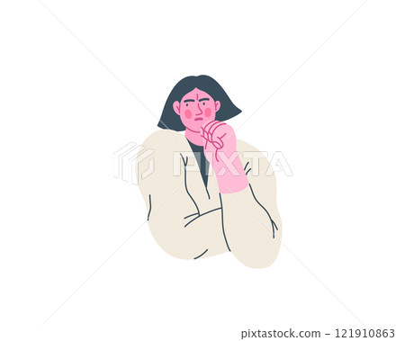Thinking people, modern flat vector concept illustration- woman standing thoughtfully, looking sideways. Metaphor for reflection, analysis, introspection, contemplation, deep thought 121910863