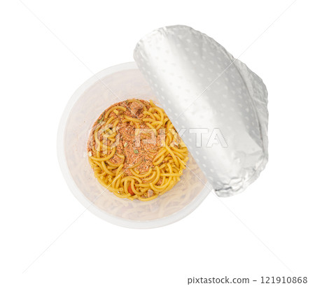 Dry Instant Noodles Cup Isolated, Tomato Spaghetti in a Plastic Cup, Fast Food, Instant Noodles on White Dry Instant Noodles Cup Isolated, Tomato Spaghetti in a Plastic Cup, Fast Food, Instant Noodles on White 121910868