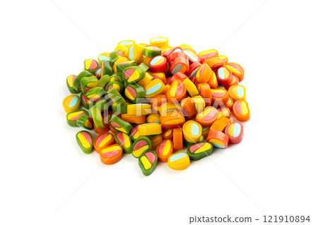 Round gummy candy piles set isolated. Small chewing colorful jellybeans, marmalade cuts, pills Round gummy candy piles set isolated. Small chewing colorful jellybeans, marmalade cuts, pills 121910894