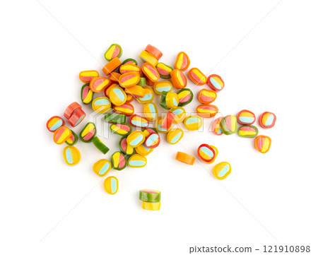 Round gummy candy piles set isolated. Small chewing colorful jellybeans, marmalade cuts, pills Round gummy candy piles set isolated. Small chewing colorful jellybeans, marmalade cuts, pills 121910898