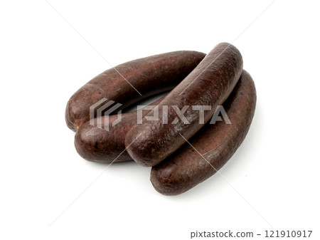 Black pudding isolated, blood sausage kaszanka, traditional Polish terrine, brawn sausages on white 121910917