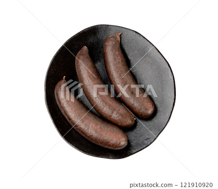 Black pudding isolated, blood sausage kaszanka, traditional Polish terrine, brawn sausages on white Black pudding isolated, blood sausage kaszanka, traditional Polish terrine, brawn sausages on white 121910920