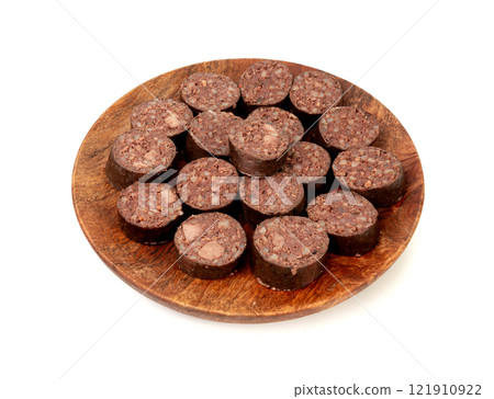 Black pudding isolated, blood sausage kaszanka, traditional Polish terrine, brawn sausages on white Black pudding isolated, blood sausage kaszanka, traditional Polish terrine, brawn sausages on white 121910922
