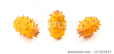 Kiwano isolated, jelly melon, cucumis metuliferus ripe fruit, orange horned melon, african horned cucumber 121910932