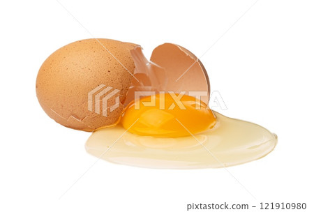 Broken Egg Isolated, Raw Yolk and White, Cracked Brown Shell, Fresh Broken Chicken Eggs on White Background Broken Egg Isolated, Raw Yolk and White, Cracked Brown Shell, Fresh Broken Chicken Eggs on White Background 121910980