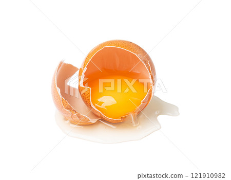 Broken Egg Isolated, Raw Yolk and White, Cracked Brown Shell, Fresh Broken Chicken Eggs on White Background Broken Egg Isolated, Raw Yolk and White, Cracked Brown Shell, Fresh Broken Chicken Eggs on White Background 121910982