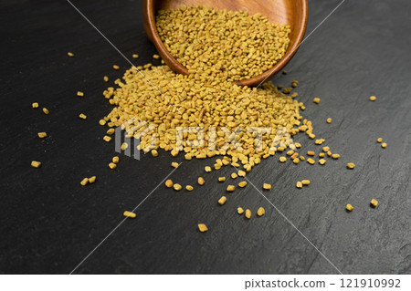 Fenugreek Seeds Isolated, Dry Trigonella, Spicy Methi Dana Grains, Indian Kitchen Seasoning Ingredient 121910992