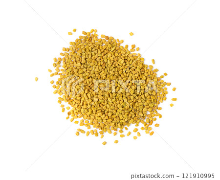 Fenugreek Seeds Isolated, Dry Trigonella, Spicy Methi Dana Grains, Indian Kitchen Seasoning Ingredient 121910995
