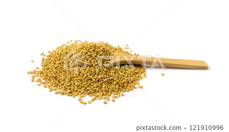 Fenugreek Seeds Isolated, Dry Trigonella, Spicy Methi Dana Grains, Indian Kitchen Seasoning Ingredient 121910996