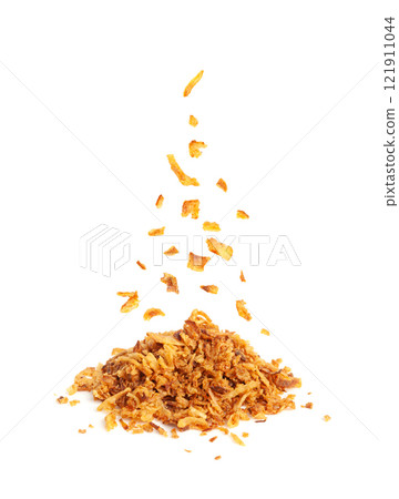 Falling Roasted Onion Isolated, Flying Dry Onion Pieces, Bulb Chips, Deep Fried Vegetable 121911044