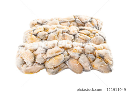 Packed Frozen Mussels Isolated, Frozen Peeled Mussel, Mussels Meat, Iced Seafood, Cooked Shellfish Packed Frozen Mussels Isolated, Frozen Peeled Mussel, Mussels Meat, Iced Seafood, Cooked Shellfish 121911049
