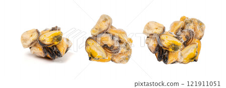 Frozen Mussels Pile Isolated, Unshelled Clam, Frozen Peeled Mussel, Cold Mussels Meat, Iced Seafood 121911051