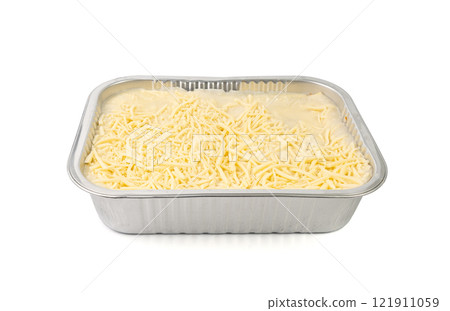 Lasagna portion in aluminium foil tray isolated. Oven baked lasagne for heating, container, airplane food 121911059