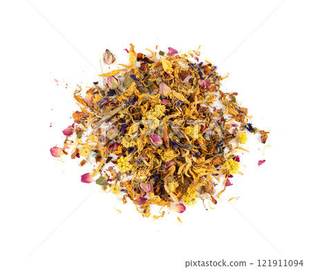 Dried edible flowers mix, Helichrysum arenarium, dwarf everlast, medical herb tea pile isolated 121911094