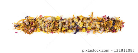 Dried edible flowers mix, Helichrysum arenarium, dwarf everlast, medical herb tea pile isolated Dried edible flowers mix, Helichrysum arenarium, dwarf everlast, medical herb tea pile isolated 121911095