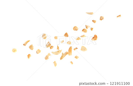 Falling Dry Garlic Slices Isolated, Flying Crispy Fried Cloves Pile Closeup, Roasted Grilled Garlic Flakes Falling Dry Garlic Slices Isolated, Flying Crispy Fried Cloves Pile Closeup, Roasted Grilled Garlic Flakes 121911100